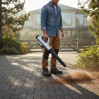 A person using a battery-powered leaf blower to clear pine needles from a driveway, showcasing ease of use.