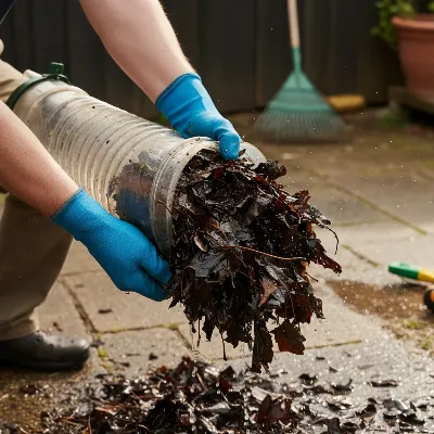 A person wearing heavy-duty gloves manually removing a large clump of wet leaves from a detached leaf blower vacuum tube.