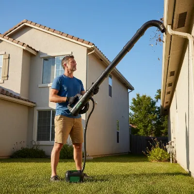 Compact leaf blower with a gutter attachment extending into a house gutter for cleaning