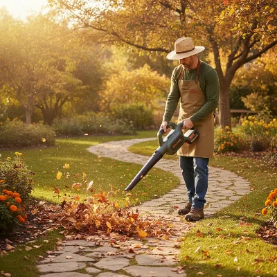A person using a lightweight cordless leaf blower to clear leaves from a small garden path.