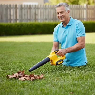 Elderly man using a compact cordless leaf blower on his lawn