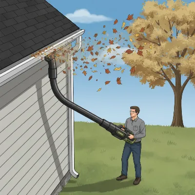 Cordless leaf blower with a gutter attachment cleaning leaves from a high gutter on a residential home