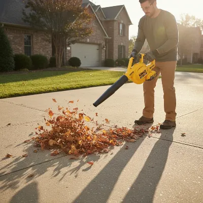 DeWalt 20V Max XR Brushless Leaf Blower clearing leaves from a driveway