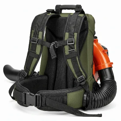 Ergonomic backpack leaf blower with padded straps and hip belt for user comfort