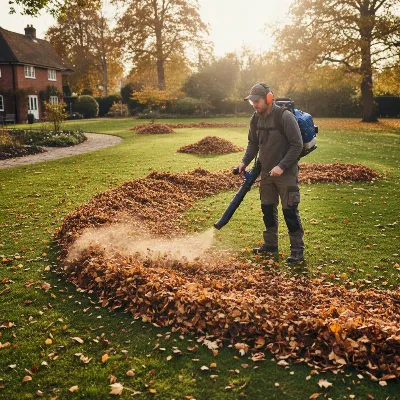 A powerful gas-powered backpack leaf blower in action, clearing a vast lawn full of autumn leaves.