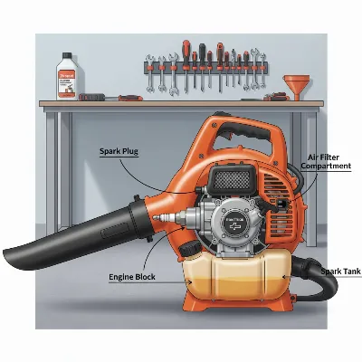 An illustrative overview of a gas leaf blower with maintenance points highlighted in English, showcasing the engine, fuel tank, and air filter for a comprehensive maintenance guide, realistic style