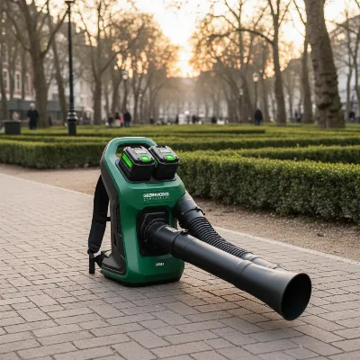 Greenworks Commercial BB361 battery-powered backpack leaf blower with its sleek design and dual-port battery system, in an urban landscaping setting