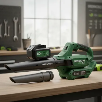 Greenworks Pro 80V Cordless Leaf Blower battery and nozzles