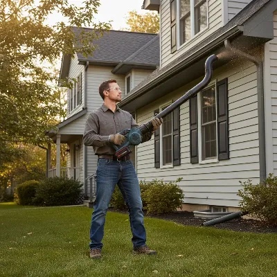 Person demonstrating safe gutter cleaning with a leaf blower attachment, emphasizing ground-level safety
