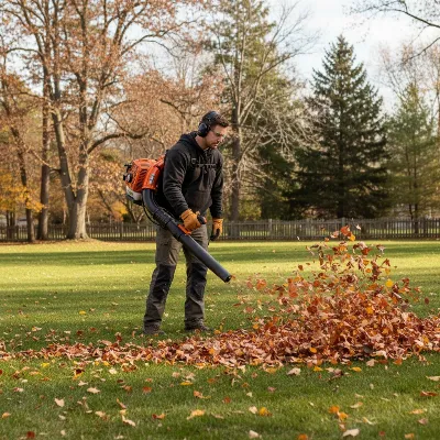 Husqvarna 350BT gas backpack leaf blower clearing a large yard of autumn leaves