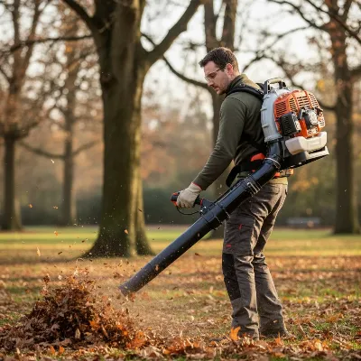 Husqvarna 360BT gas-powered backpack leaf blower with its ergonomic harness and powerful nozzle, against a blurred park background