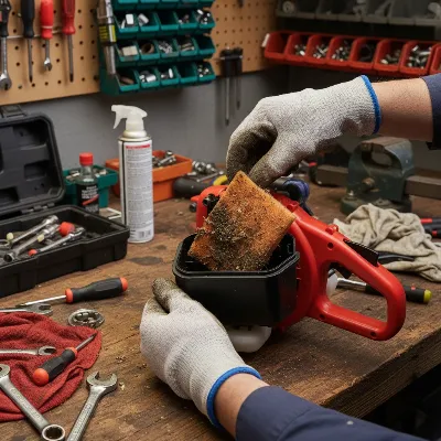 A person cleaning a dirty air filter from a gas leaf blower, showing accumulated dust and debris.