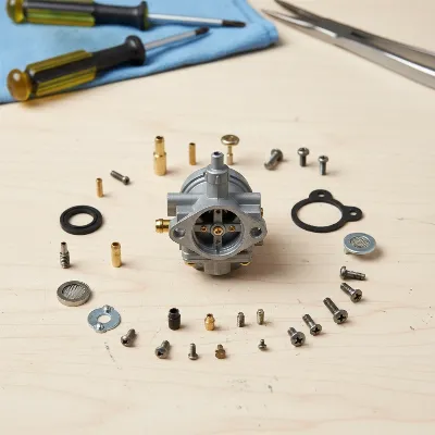 Close-up of a disassembled leaf blower carburetor on a clean workbench with various small parts organized, highlighting the intricate components ready for cleaning.