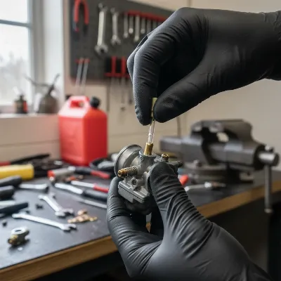 Close-up of a hand reassembling a leaf blower carburetor, demonstrating the meticulous process of reconnecting fuel lines and linkages after cleaning.