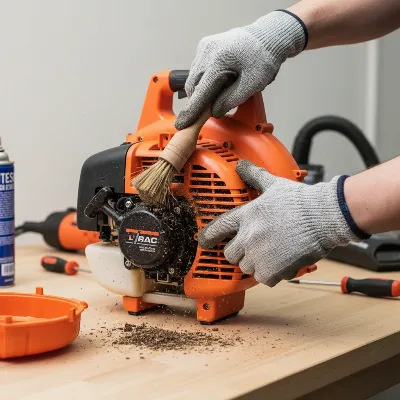 A person thoroughly cleaning and inspecting a gas leaf blower for winter storage.