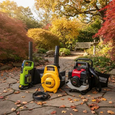 A diverse array of leaf blower, vacuum, and mulcher combos showcasing electric, gas, and battery models in a well-maintained garden setting