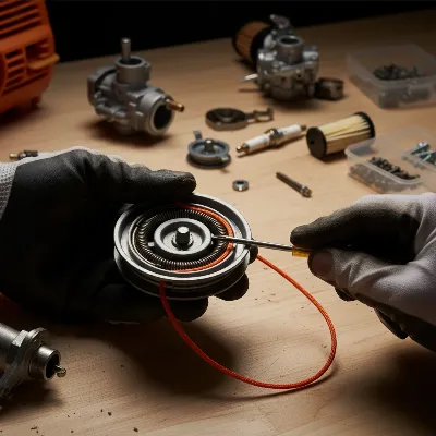 Hands demonstrating how to rewind a leaf blower recoil spring during pull cord replacement