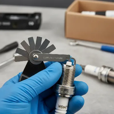 Person using gap gauge to adjust spark plug gap