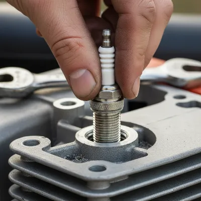 Person hand-threading new spark plug into leaf blower engine