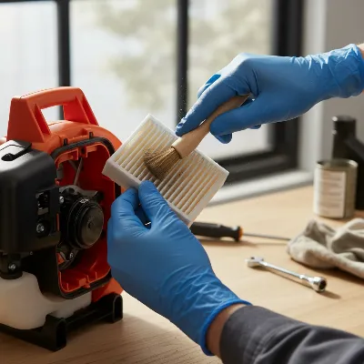 A person performing routine maintenance on a gas leaf blower, cleaning the air filter.