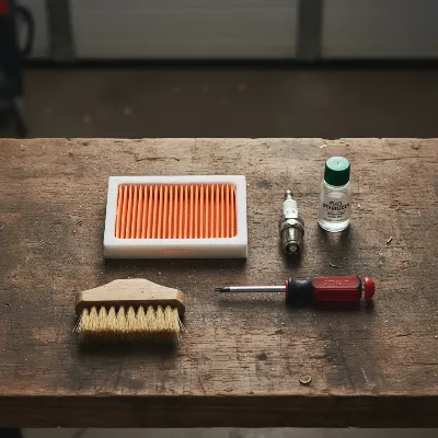 Essential tools for leaf blower maintenance, including an air filter, spark plug, and fuel stabilizer.