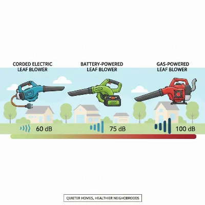 An infographic comparing noise levels of different types of leaf blowers in a suburban neighborhood.