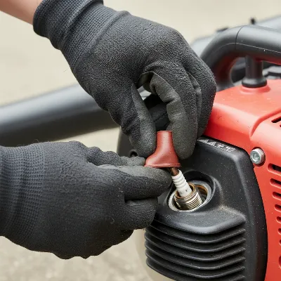 Person removing spark plug boot from leaf blower engine
