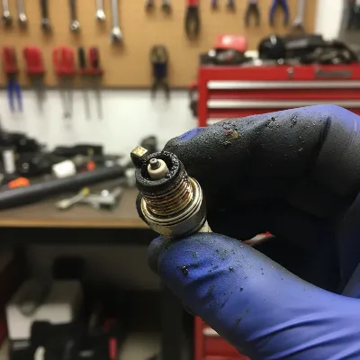 Close-up of a person inspecting a spark plug from a gas leaf blower for signs of wear and carbon buildup.