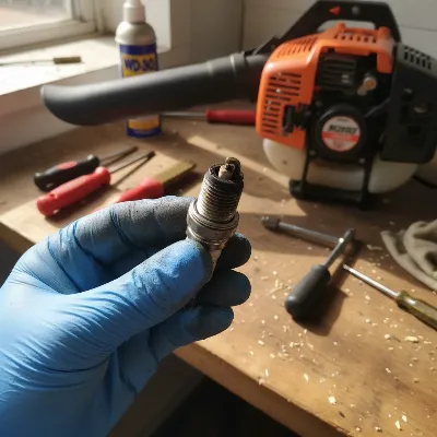 Inspecting a gas leaf blower's spark plug for wear and carbon buildup during DIY troubleshooting.