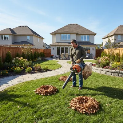 A person systematically vacuuming small piles of dry leaves in a backyard with a leaf blower vacuum, emphasizing careful and preventative use.