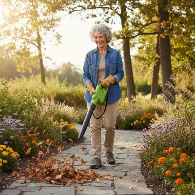 A senior woman effortlessly using a lightweight, battery-powered leaf blower to clear dry leaves from her small garden path. The scene is bright and calm, emphasizing ease of use and safety for older adults, with warm, natural lighting and a realistic style.
