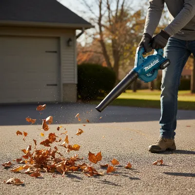 A person using a Makita 18V LXT leaf blower to clear dry leaves from a paved driveway, showing its lightweight and ergonomic design.