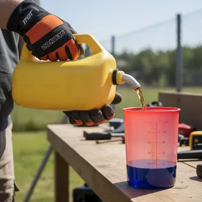 A person pouring gasoline into a red fuel can that already contains 2-stroke oil, ready for mixing.