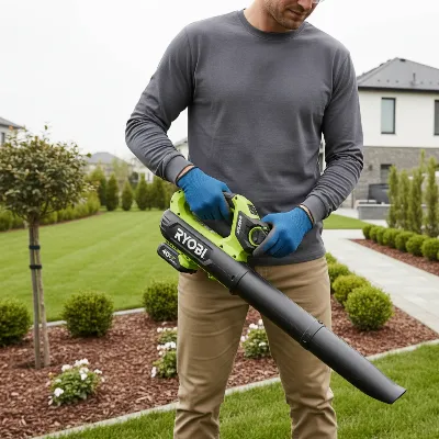 A person comfortably holding and operating the Ryobi 40V HP Brushless Whisper Series 730 CFM leaf blower in a residential garden.