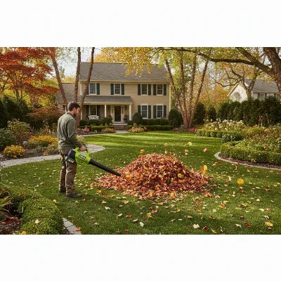 A homeowner efficiently clearing a medium-sized suburban garden with the Ryobi 40V HP Brushless Whisper Series 730 CFM leaf blower.