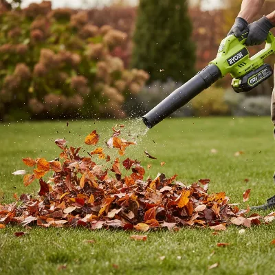 A Ryobi 40V HP Brushless Whisper Series 730 CFM leaf blower powerfully clearing a large pile of damp leaves from a lawn.