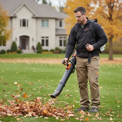 A professional landscaper wearing a Stihl BR 600 Magnum backpack leaf blower, demonstrating the comfortable padded harness and anti-vibration features while clearing leaves from a large lawn.