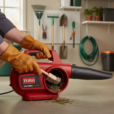 Person maintaining a Toro UltraPlus Blower Vac after use