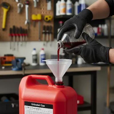 A person carefully measuring two-stroke oil into a gallon of unleaded gasoline for a leaf blower.
