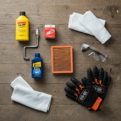 Essential tools and materials for safely winterizing a gas leaf blower at home.